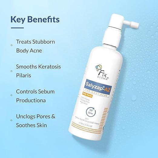 Fixderma Salyzap-Az 2% Salicylic Acid + 2% Azelaic Acid Body Acne Treatment Unscented Spray For Acne On Body Parts Like Back, Upper Arms | Paraben Free | Unclog Pores - 100ml