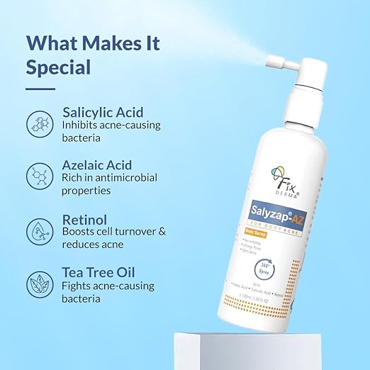 Fixderma Salyzap-Az 2% Salicylic Acid + 2% Azelaic Acid Body Acne Treatment Unscented Spray For Acne On Body Parts Like Back, Upper Arms | Paraben Free | Unclog Pores - 100ml