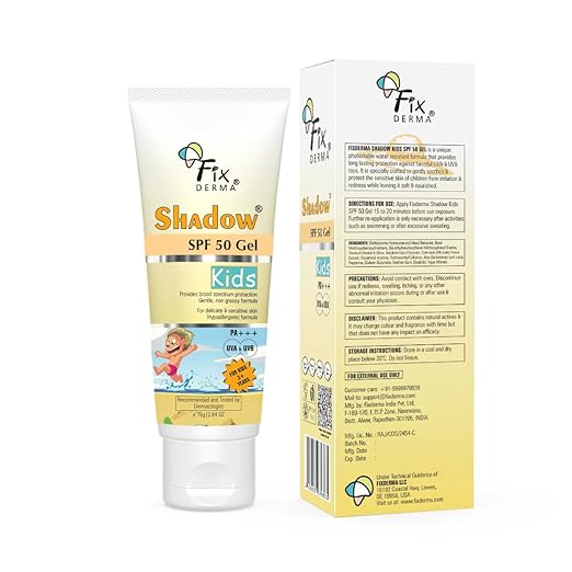 Fixderma Shadow Sunscreen SPF 50+ Gel for Kids PA+++ | Broad Spectrum Sunscreen for UVA & UVB Protection, Non-Greasy & Water Resistant - For Kids 2+ Years Age, 75gm