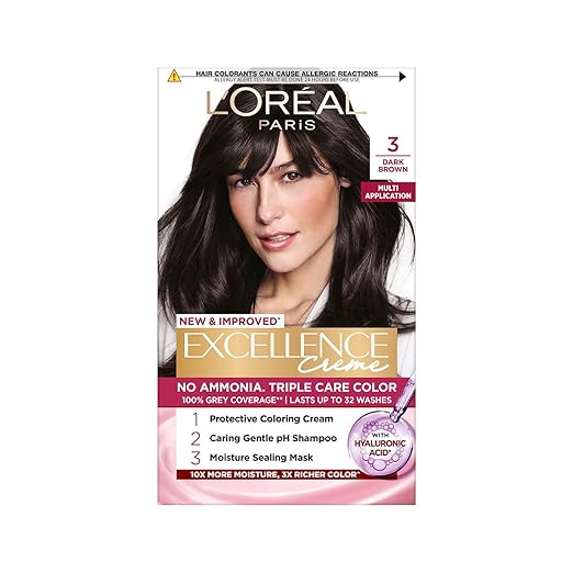 L'Oreal Paris Excellence Creme Triple Care No Ammonia Long-lasting Hair Color, 100% Grey Coverage, Powered by Pro-keratin and French Rose Oil, Shade Black 1, 72ml+100g