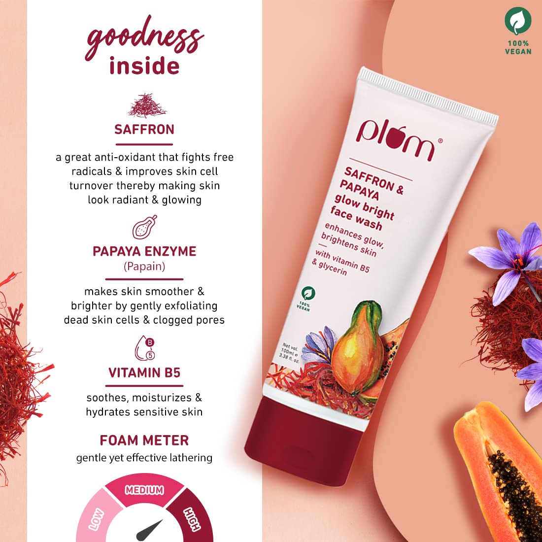 Plum Saffron & Papaya Glow Bright Face Wash (100ml)