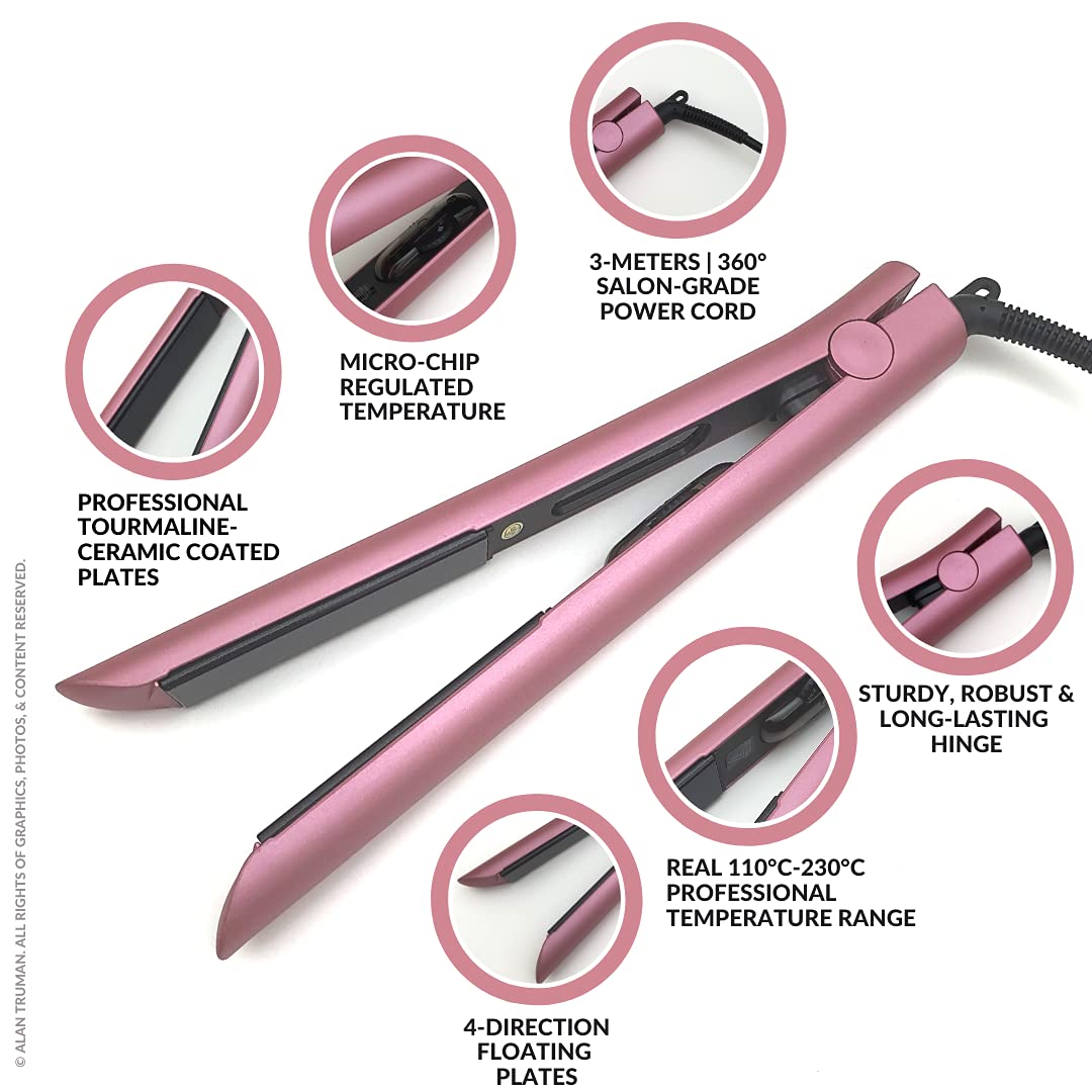 Alan Truman AT-104 Soft Pink Tourmaline Ceramic Hair Straightener, Metallic Pink, 500g