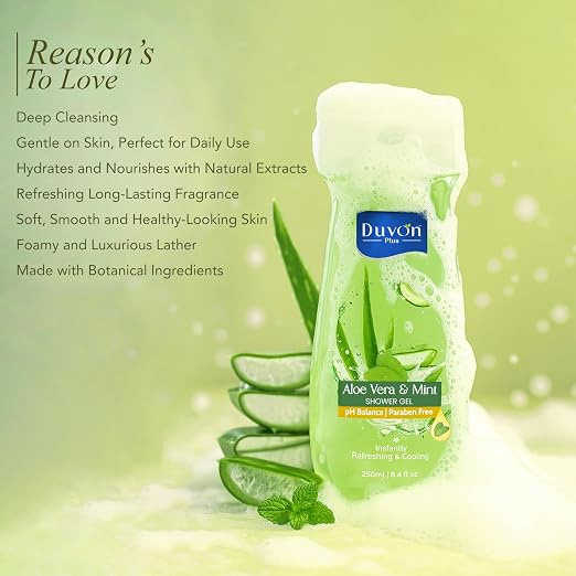Aloe Vera & Mint Shower Gel 250ml | pH Balanced Paraben Free Body Wash Gel | Refreshing Cooling Formula for Soft Hydrated Skin