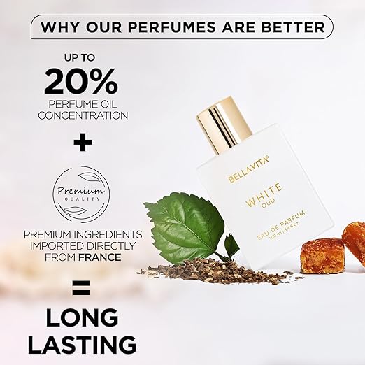BELLAVITA White Oud 100ml | Long Lasting Unisex Perfume | Perfume for Man and Woman | Eau De Parfum | Orange, Patchouli, Musk | Oud, Citrus & Spicy Premium Fragrance