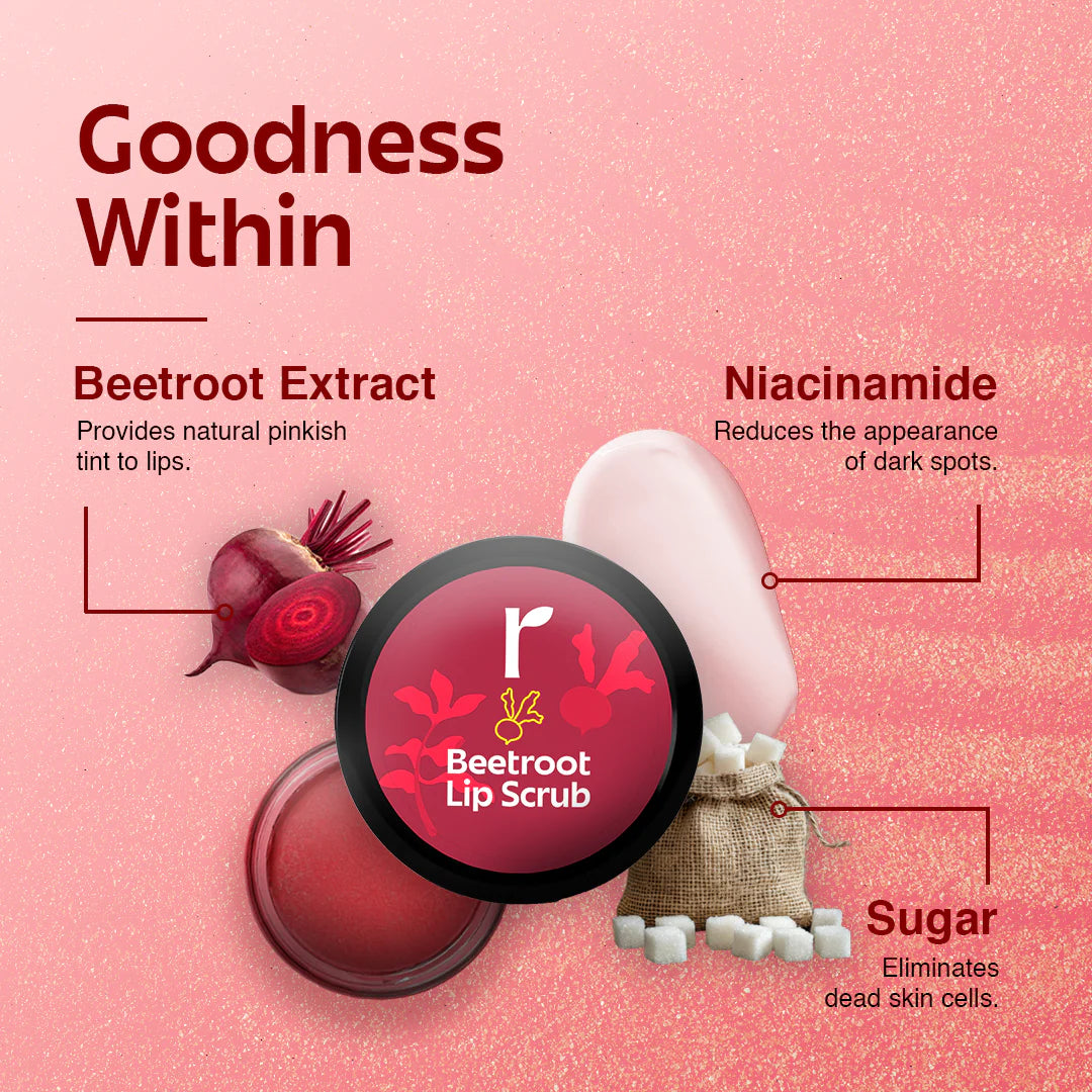 Rivona Naturals Beetroot Lip Scrub | Sugar + Niacinamide | Exfoliating | For Men & Women | 8 gm