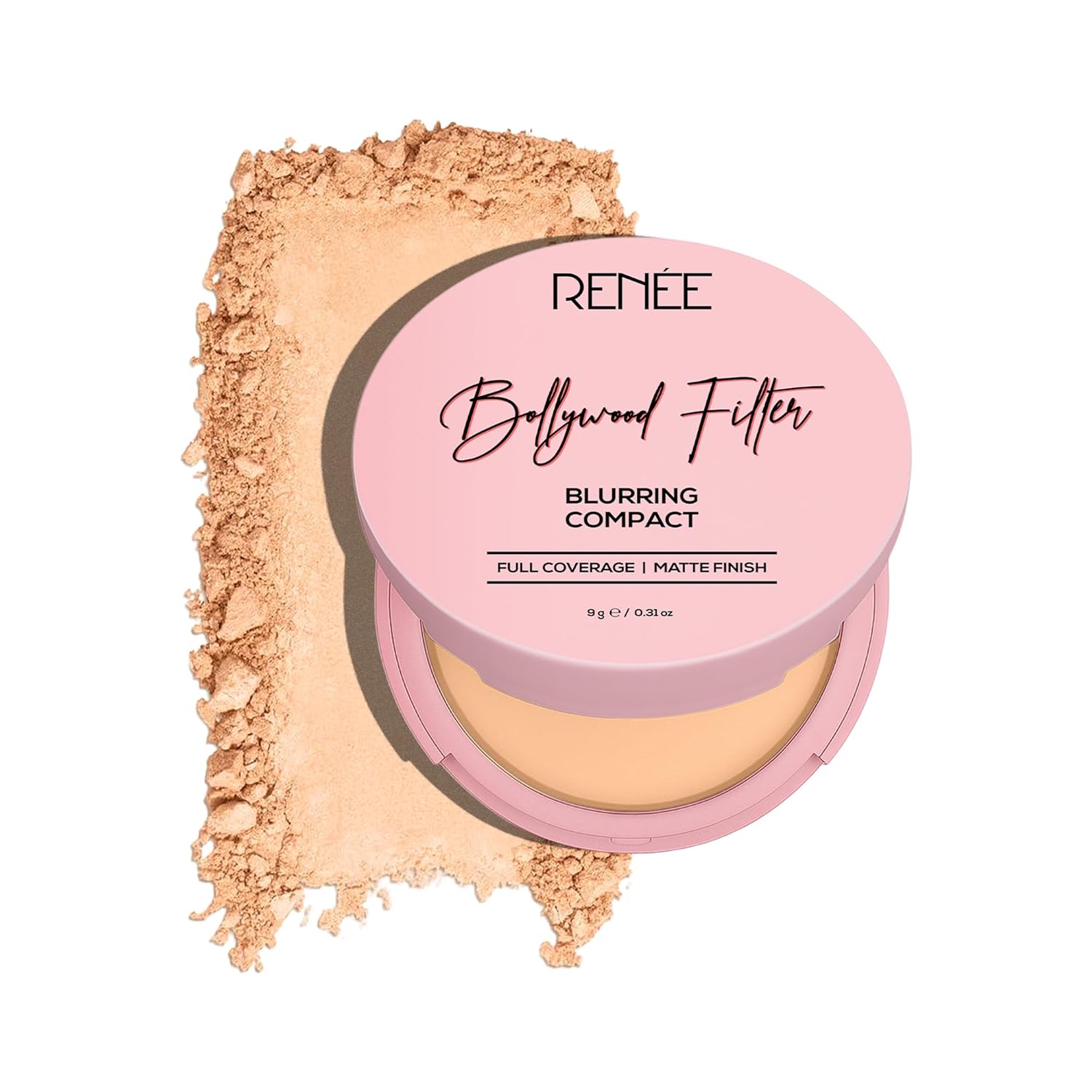 RENEE Bollywood Filter Blurring Compact - Fudge Fuzz | Pore Minimising, Matte Finish, Full Coverage, Rich Pay-off | Blurs Pores & Blemishes | 9g