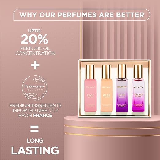 Bella Vita Luxury | Perfume Gift Set for Women 4x20ml | Gifts for Woman | Perfume for Woman | Date, Senorita, Glam, Rose Long Lasting EDP | Floral & Fruity Premium Fragrance