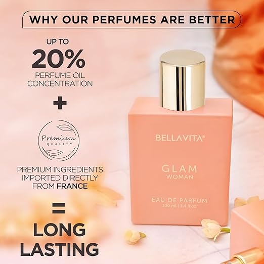 Bella Vita Luxury GLAM | Long Lasting Perfume for Woman | EDP 100ml | African Orange, Jasmine & Patchouli | Floral, Fruity, Woody Premium Fragrance for Women | Long Lasting Perfume