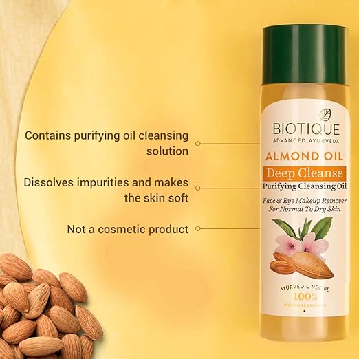 Biotique Almond Oil Deep Cleanse Purifying Cleansing Oil Face & Eye Makeup Remover For Normal to Dr