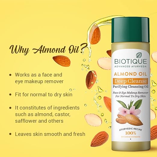 Biotique Almond Oil Deep Cleanse Purifying Cleansing Oil Face & Eye Makeup Remover For Normal to Dr