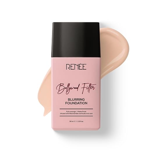 RENEE Bollywood Filter Blurring Liquid Foundation - Hazel Hush | Full Coverage, Matte Finish | Blurs Pores & Blemishes | Hydrates & Evens Skin Tone | With Niacinamide & Hyaluronic Acid | 30ml