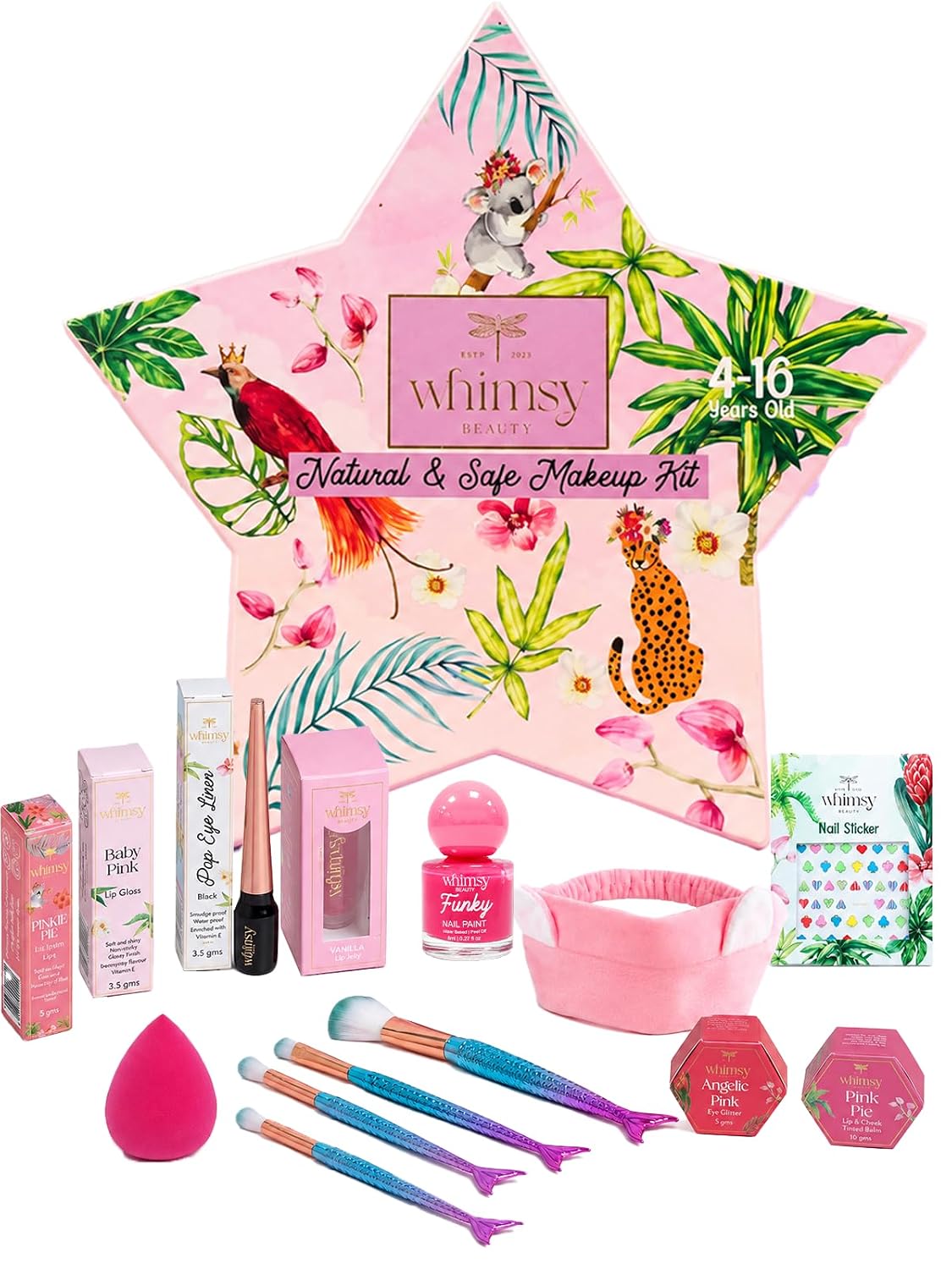 Whimsy Beauty Organic & Safe Blossom Makeup Kit| Safe, Non-Toxic Beauty Set for Girls & Teens |Eye Glitter, Lip Cheek Tint, Lip Gloss,Eye Liner, Nail Paint and Mermaid Brushes