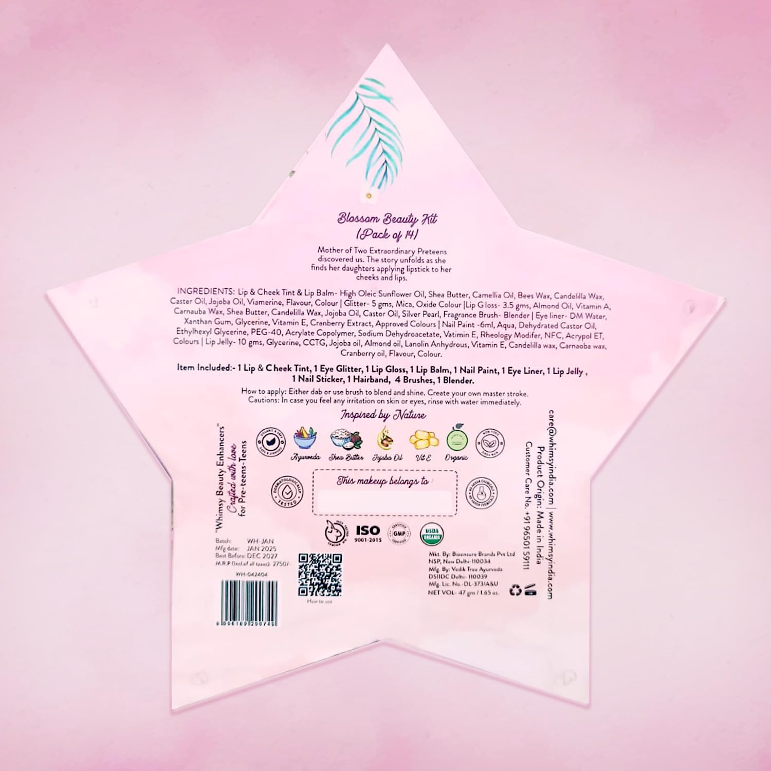 Whimsy Beauty Organic & Safe Blossom Makeup Kit| Safe, Non-Toxic Beauty Set for Girls & Teens |Eye Glitter, Lip Cheek Tint, Lip Gloss,Eye Liner, Nail Paint and Mermaid Brushes