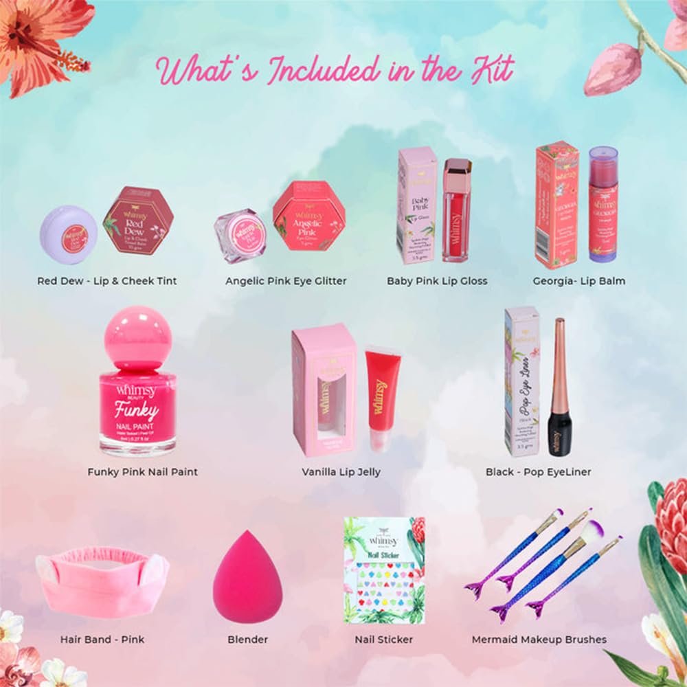 Whimsy Beauty Organic & Safe Blossom Makeup Kit| Safe, Non-Toxic Beauty Set for Girls & Teens |Eye Glitter, Lip Cheek Tint, Lip Gloss,Eye Liner, Nail Paint and Mermaid Brushes