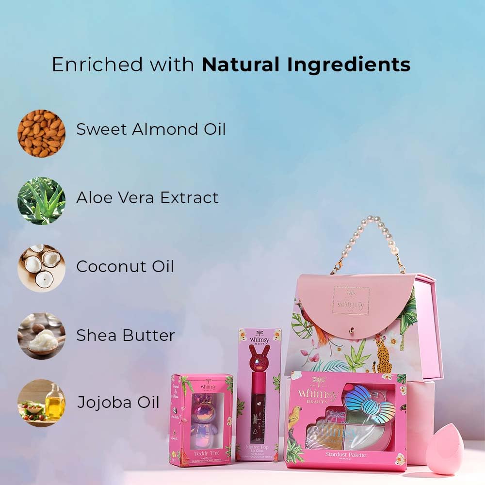 Whimsy Beauty Blush & Glow Beauty Kit | Safe Beauty Set for Girls & Teens | Eye Shadow Palette, Lip Tint & Lip Gloss