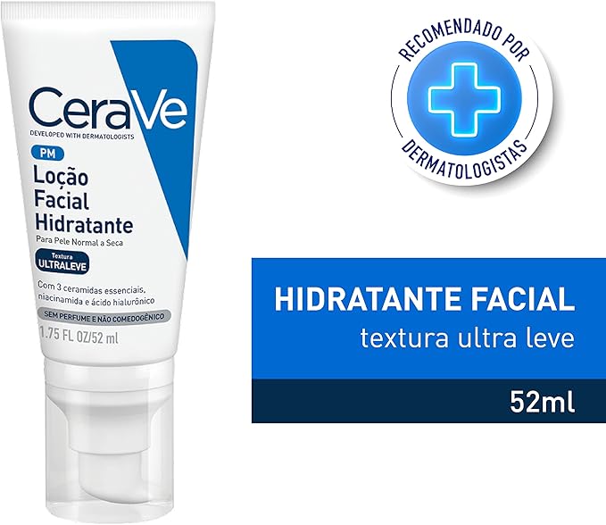 CeraVe Loção Facial Hidratante PM, Textura Ultraleve, Hidratação Suave e Rápida Absorção, com Ceramidas Essenciais e Ácido Hialurônico, Sem Perfume e Hipoalergênica, 52ml