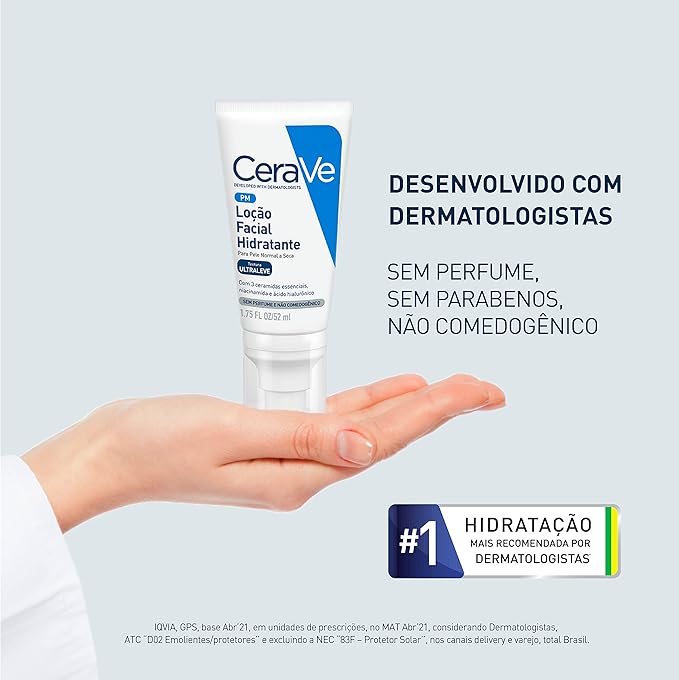 CeraVe Loção Facial Hidratante PM, Textura Ultraleve, Hidratação Suave e Rápida Absorção, com Ceramidas Essenciais e Ácido Hialurônico, Sem Perfume e Hipoalergênica, 52ml