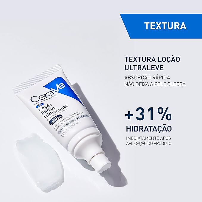 CeraVe Loção Facial Hidratante PM, Textura Ultraleve, Hidratação Suave e Rápida Absorção, com Ceramidas Essenciais e Ácido Hialurônico, Sem Perfume e Hipoalergênica, 52ml