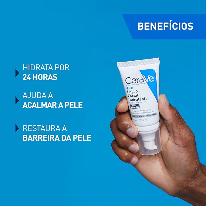 CeraVe Loção Facial Hidratante PM, Textura Ultraleve, Hidratação Suave e Rápida Absorção, com Ceramidas Essenciais e Ácido Hialurônico, Sem Perfume e Hipoalergênica, 52ml