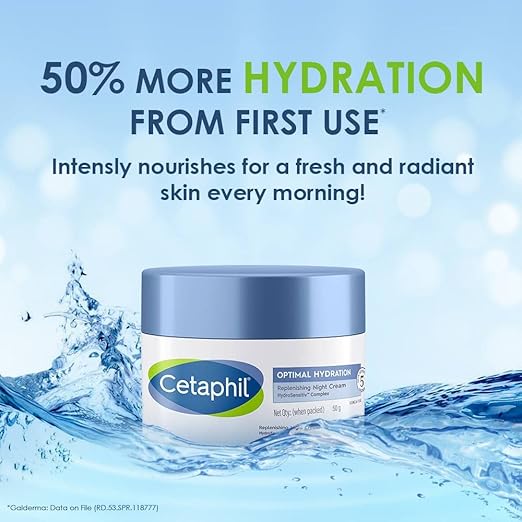 Cetaphil Optimal Hydration Replenishing Night Cream 50g | Lightweight & Fast Absorption | Hyaluronic Acid, Blue Daisy Extract, Niacinamide