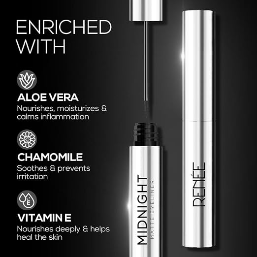 RENEE Midnight Matte Eyeliner, Darkest Black, Long Lasting, Smudge-Proof & Waterproof Formula, One-Swipe-Application with Intense Pigment, Enriched with Vitamin E, Camomile & Aloe Vera, 2.5ml