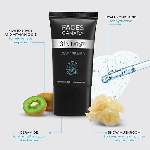 FACES CANADA Dewy Primer, 30g | Blurs Imperfections | Flawless Dewy Base | Lightweight Hydrating Creamy Texture | Smoothens & Moisturizes Skin | Hyaluronic Acid, Vitamin C & E | No Alcohol & Parabens