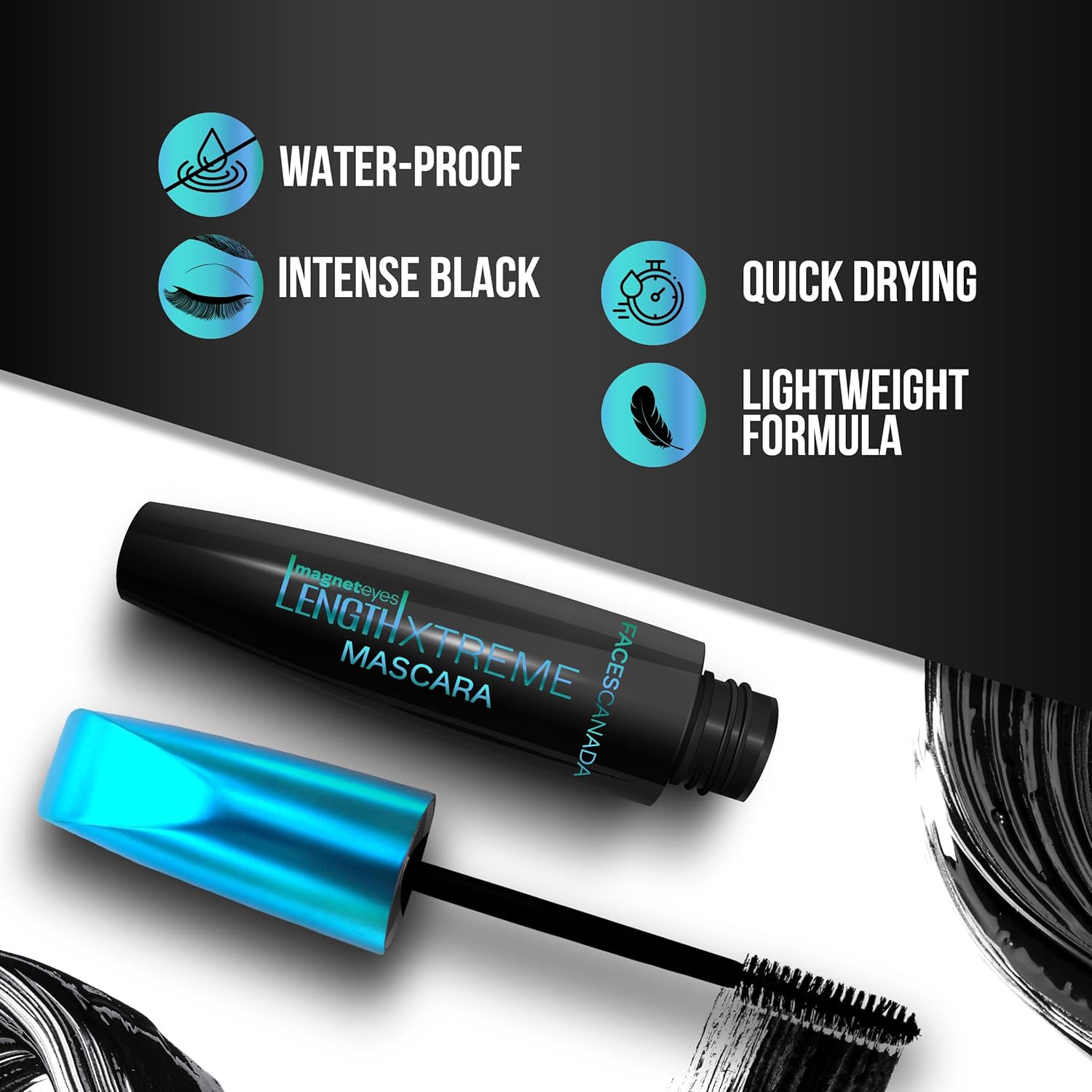 FACES CANADA Magneteyes Length Xtreme Mascara - Black, 8g | Volumizes Lashes | Waterproof | Quick Drying | Long Wear | Intense Black Finish | Lightweight | Enriched With Jojoba Oil & Vitamin E