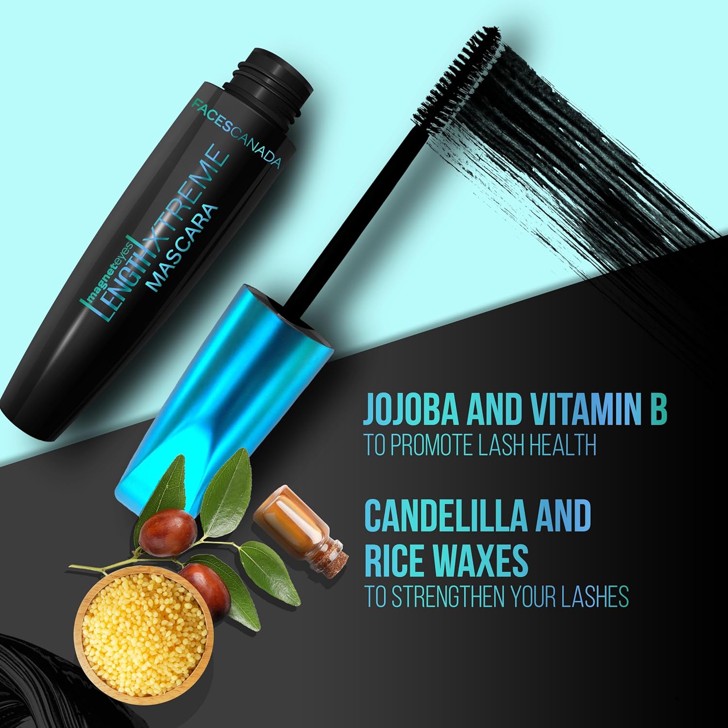 FACES CANADA Magneteyes Length Xtreme Mascara - Black, 8g | Volumizes Lashes | Waterproof | Quick Drying | Long Wear | Intense Black Finish | Lightweight | Enriched With Jojoba Oil & Vitamin E