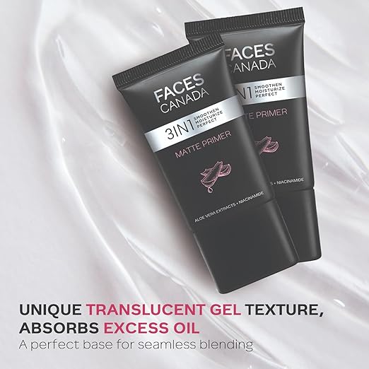 FACES CANADA Matte Primer, 30g | Oil-Free Matte Finish | Lightweight Gel Texture | Smoothens & Moisturizes Skin | Niacinamide, Hyaluronic Acid, Vitamin A, C & E | No Alcohol & Parabens
