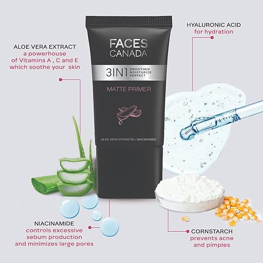 FACES CANADA Matte Primer, 30g | Oil-Free Matte Finish | Lightweight Gel Texture | Smoothens & Moisturizes Skin | Niacinamide, Hyaluronic Acid, Vitamin A, C & E | No Alcohol & Parabens