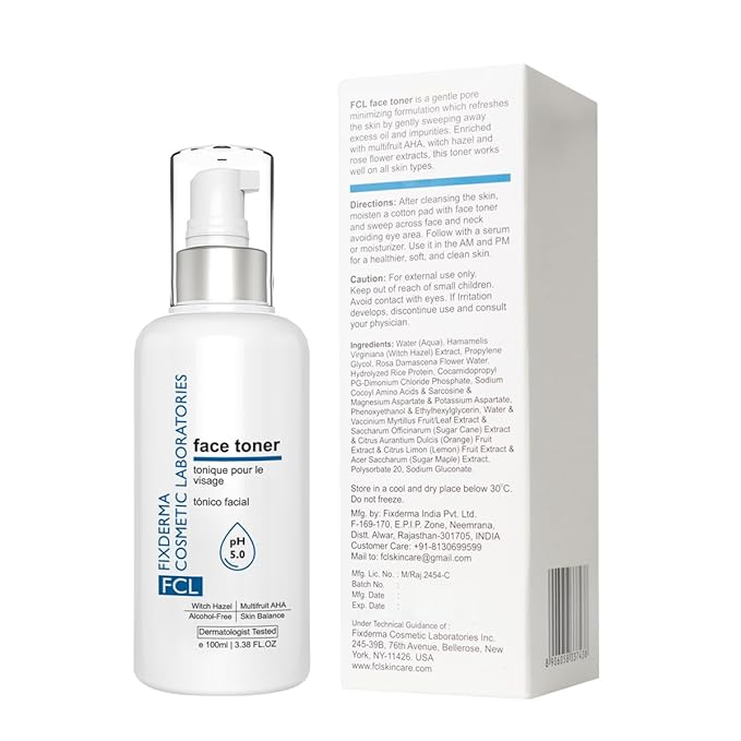 FCL Face Toner, minimizes enlarged pores, exfoliates impurities, refreshes the skin, reduces inflammation, controls oil production, imparts glowing skin, suitable for all skin types, 100ml