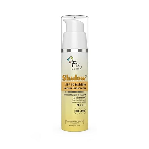 FIXDERMA Shadow Invisible Serum Sunscreen SPF 50+ PA+++|Ultra Lightweight Transparent Sunscreen with Vitamin C & Hyaluronic Acid|No White Cast|For All Skin Types|For Men & Women|Airless Pump 30 ML