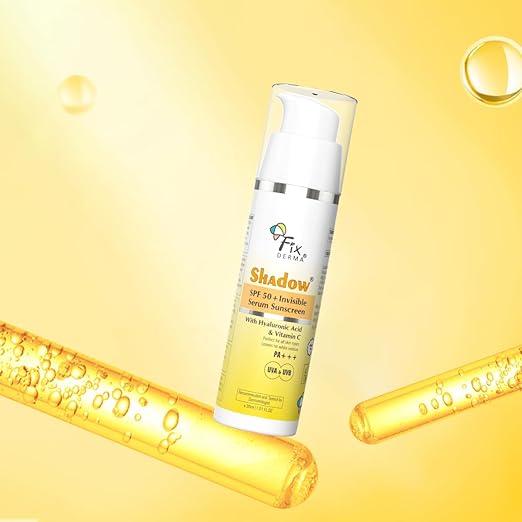 FIXDERMA Shadow Invisible Serum Sunscreen SPF 50+ PA+++|Ultra Lightweight Transparent Sunscreen with Vitamin C & Hyaluronic Acid|No White Cast|For All Skin Types|For Men & Women|Airless Pump 30 ML