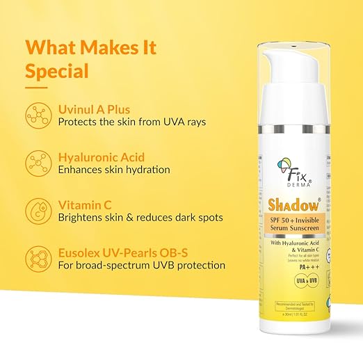 FIXDERMA Shadow Invisible Serum Sunscreen SPF 50+ PA+++|Ultra Lightweight Transparent Sunscreen with Vitamin C & Hyaluronic Acid|No White Cast|For All Skin Types|For Men & Women|Airless Pump 30 ML