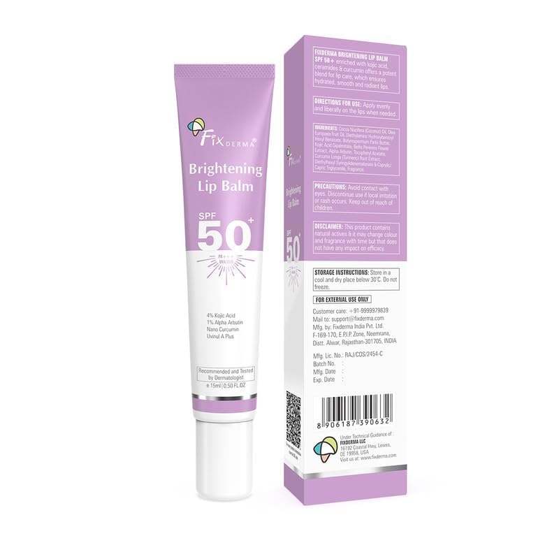 Fixderma Brightening Lip Balm With SPF 50 PA+++ for Pigmented & Dry Lips | 4% Kojic Acid, 2% Alpha Arbutin | Moisturizes, Hydrates & Brightens Pigmented Lips | For Men & Women - 15ml