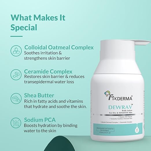 Fixderma Dewrav Body Lotion for Dry & Sensitive Skin with Shea Butter & Ceramides Complex | Deeply Nourishes, Moisturizes & Restores the Skin Barrier | Moisturizer for Men & Women - 250 ml