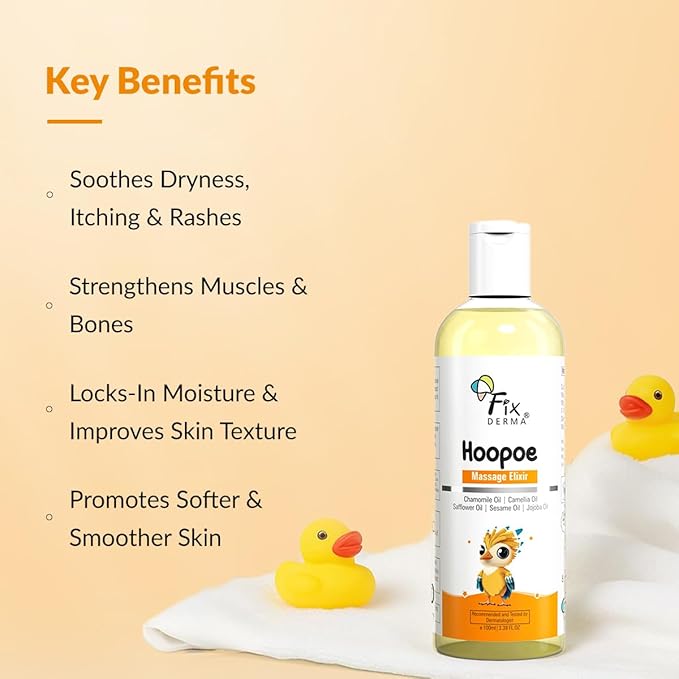 Fixderma Hoopoe Baby Massage Elixir|Baby Oil with Chamomile, Camellia, Safflower, Seasome & Jojoba Oil |Baby Massager Oil | Dermatologist Tested (100 Ml)