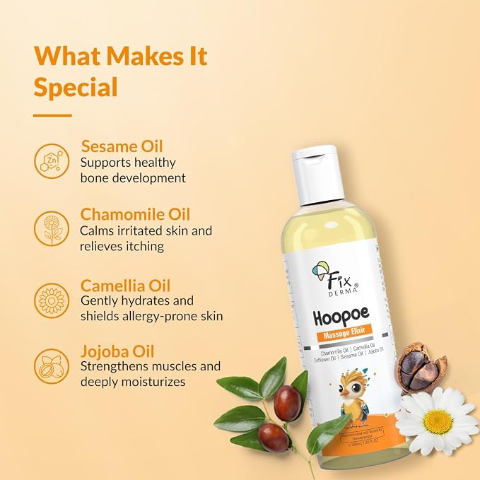 Fixderma Hoopoe Baby Massage Elixir|Baby Oil with Chamomile, Camellia, Safflower, Seasome & Jojoba Oil |Baby Massager Oil | Dermatologist Tested (100 Ml)