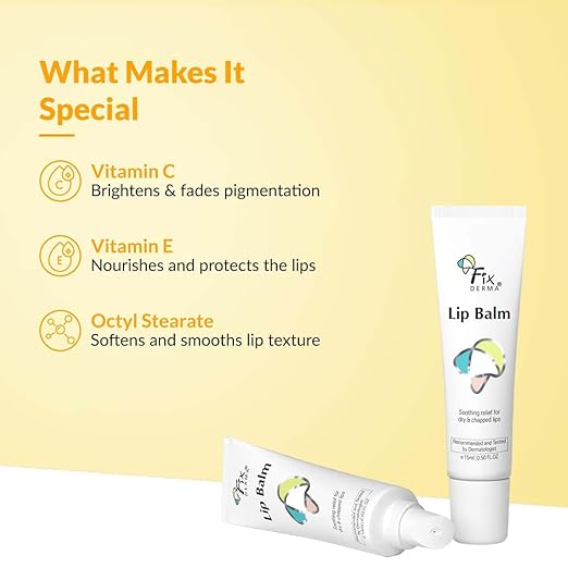 Fixderma Lip Balm With Vitamin C & E For Pigmented, Dry & Chapped Lips | Soft, Hydrating & Nourishes Lip | Even Out Lip Tone | Lip Balm For Dark Lips | 15ml