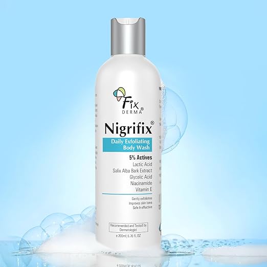 Fixderma Nigrifix Exfoliating Body Wash with 5% Actives (Lactic Acid, Glycolic Acid, Niacinamide Acid & Vitamin E) | Gentle Exfoliating Shower Gel | Improves Skin Tone | Body Wash Shower Gel - 200ml