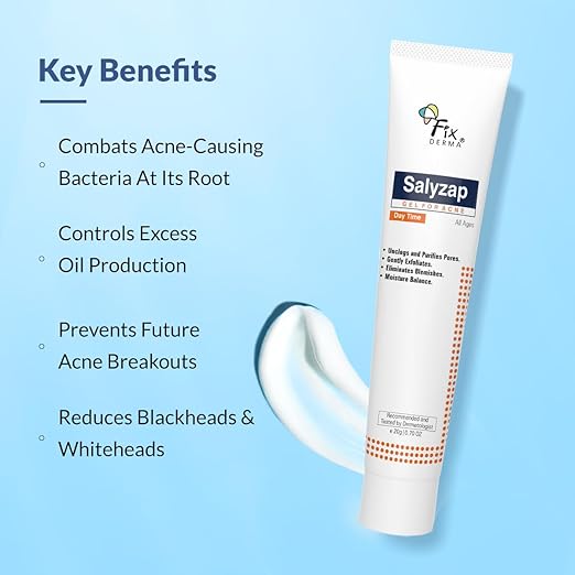 Fixderma Salyzap Day Time Gel For Acne, With Salicylic Acid, For Acne Scars, Pimples, Unclogs pores, Exfoliates, Soothes Acne And Redness Reduces Breakouts, Suitable for Oily And Acne-Prone Skin, 20ml