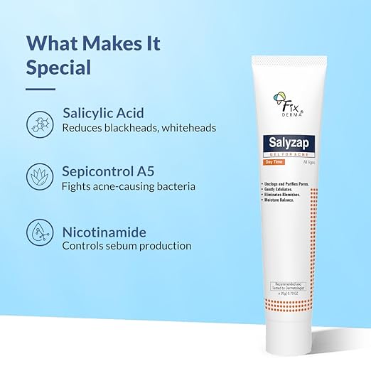 Fixderma Salyzap Day Time Gel For Acne, With Salicylic Acid, For Acne Scars, Pimples, Unclogs pores, Exfoliates, Soothes Acne And Redness Reduces Breakouts, Suitable for Oily And Acne-Prone Skin, 20ml