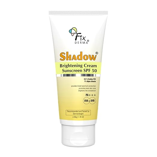 Fixderma Shadow Brightening Sunscreen SPF50 PA+++ with 1% Alpha Arbutin | UVA/UVB, Broad Spectrum Protection | Reduce Tan & Brightens the Complexion | Lightweight, No White Cast, All Skin Type - 50GM