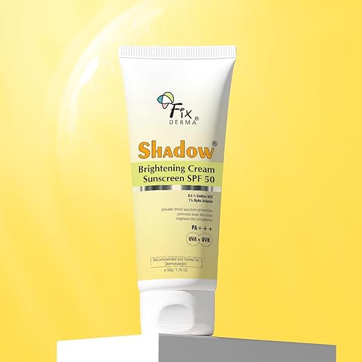 Fixderma Shadow Brightening Sunscreen SPF50 PA+++ with 1% Alpha Arbutin | UVA/UVB, Broad Spectrum Protection | Reduce Tan & Brightens the Complexion | Lightweight, No White Cast, All Skin Type - 50GM