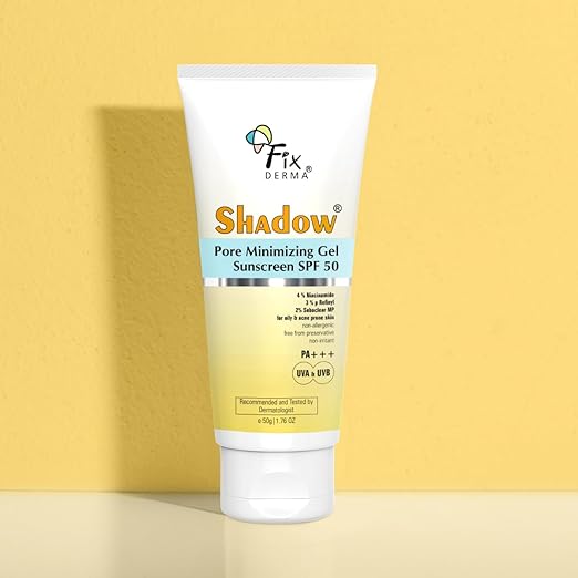 Fixderma Shadow Pore Minimizing Gel Sunscreen SPF 50 PA+++ with 4% Niacinamide, For UVA & UVB Protection | Sunscreen SPF 50 for Oily & Acne Prone Skin | Lightweight, No White Cast, Non-Greasy - 50GM