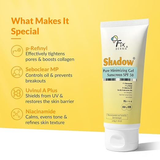 Fixderma Shadow Pore Minimizing Gel Sunscreen SPF 50 PA+++ with 4% Niacinamide, For UVA & UVB Protection | Sunscreen SPF 50 for Oily & Acne Prone Skin | Lightweight, No White Cast, Non-Greasy - 50GM