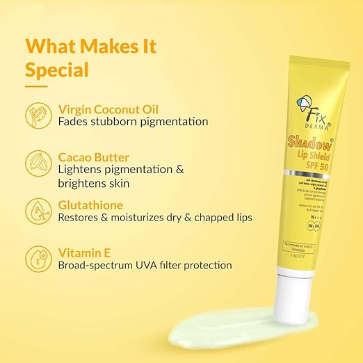 Fixderma Shadow SPF 50 Lip Shield Pa+++ Lip Balm with Cacao Seed Butter & Vitamin E | Prevents Pigmentation & Sun Damage | Lightens Pigmented Lips | Protects Against UVA & UVB Rays - 15gm