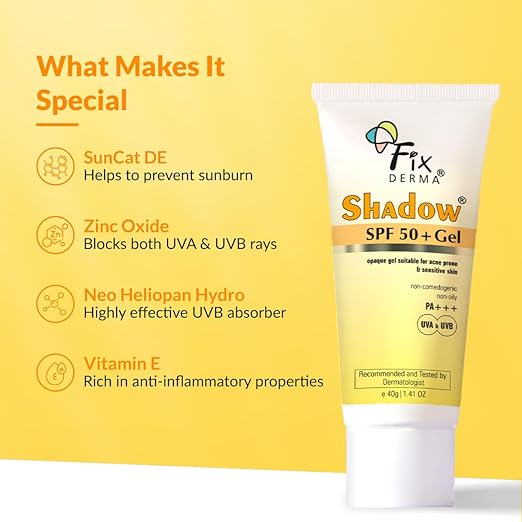Fixderma Shadow Sunscreen SPF 50+ Gel for Oily Skin | Sunscreen for Body & Face | Broad Spectrum Protection from UVA & UVB | For Women & Men | Non Greasy & Water Resistant - 40gm