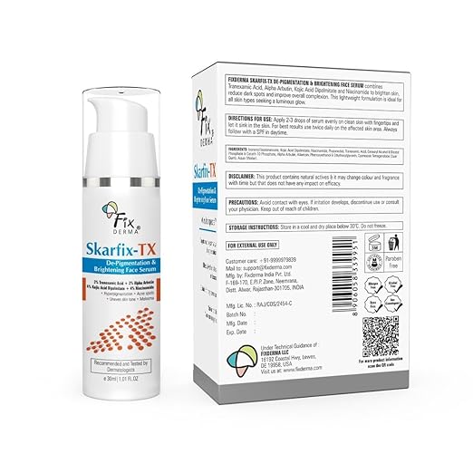 Fixderma Skarfix-TX Face Serum with 4% Kojic Acid, 4% Niacinamide Serum, 3% Tranexamic Acid & 2% Alpha Arbutin | Treats Hyper Pigmentation & Melasma | Reduce Acne Spots | brightening the Skin - 30ml