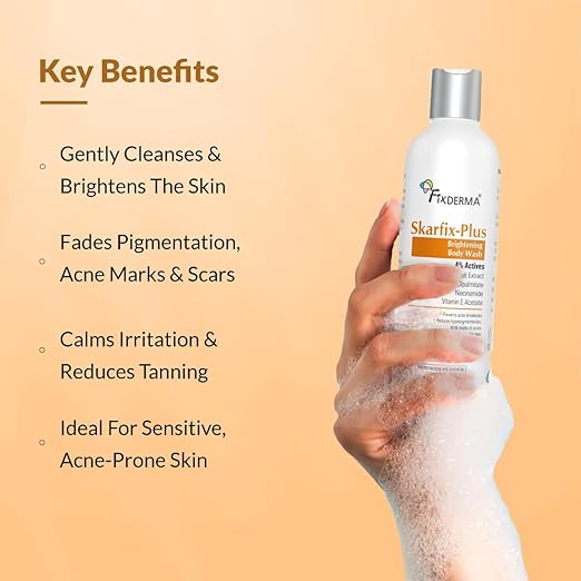 Fixderma Skarfix Plus Brightening Body Wash with 4% Actives (Kojic Acid, Niacinamide Acid, & Vitamin E) | Skin Brightening Body Wash Shower Gel Women & Men | For Hyperpigmentation & Acne Marks - 200ml